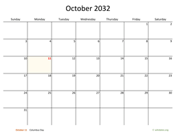 October 2032 Calendar with Bigger boxes