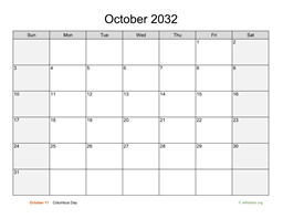 October 2032 Calendar with Weekend Shaded