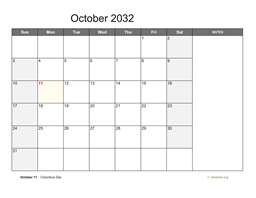 October 2032 Calendar with Notes