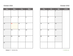October 2032 Calendar on two pages
