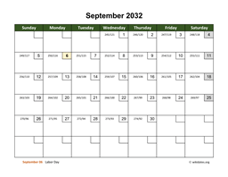 September 2032 Calendar with Day Numbers