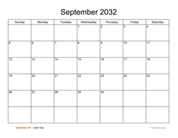 Basic Calendar for September 2032