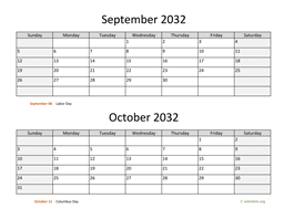 September and October 2032 Calendar