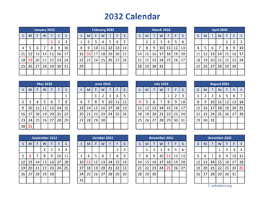 2032 Calendar in PDF | WikiDates.org