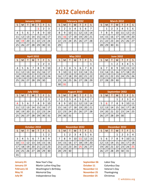 Calendar 2032 Vertical