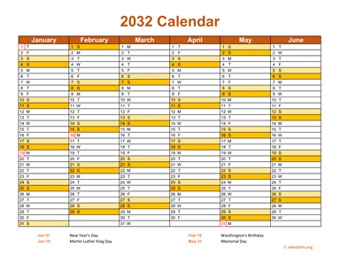 2032 Calendar on 2 Pages, Landscape Orientation