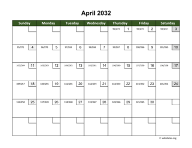 April 2032 Calendar with Day Numbers
