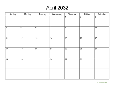 Basic Calendar for April 2032