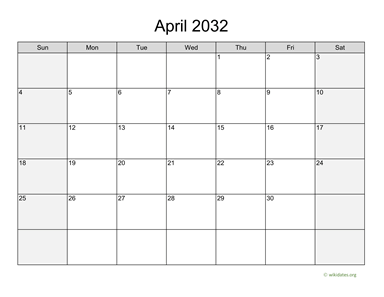 April 2032 Calendar with Weekend Shaded