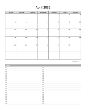 April 2032 Calendar with To-Do List