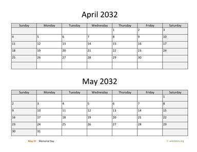April and May 2032 Calendar Horizontal