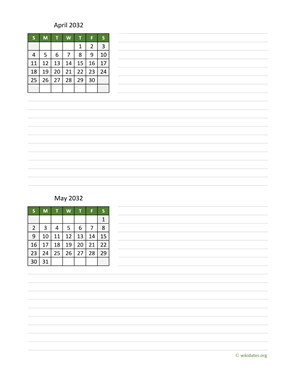 April and May 2032 Calendar with Notes