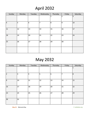 April and May 2032 Calendar Vertical