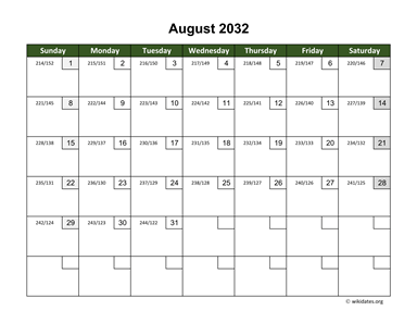 August 2032 Calendar with Day Numbers