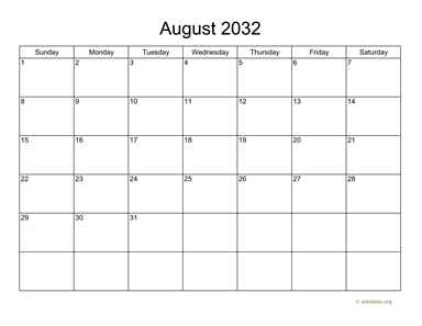 Basic Calendar for August 2032