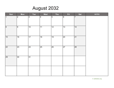 August 2032 Calendar with Notes