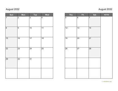 August 2032 Calendar on two pages