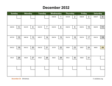 December 2032 Calendar with Day Numbers