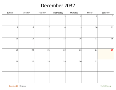 December 2032 Calendar with Bigger boxes
