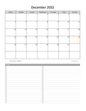 December 2032 Calendar with To-Do List