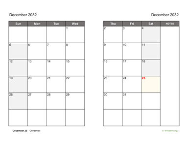 December 2032 Calendar on two pages