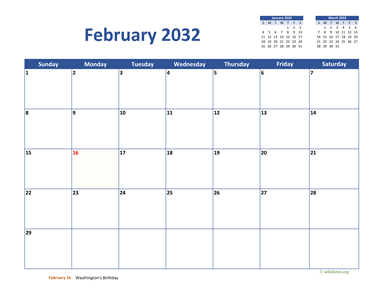 February 2032 Calendar Classic