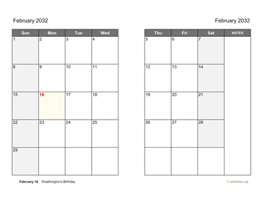 February 2032 Calendar on two pages