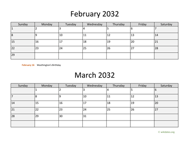 February and March 2032 Calendar Horizontal