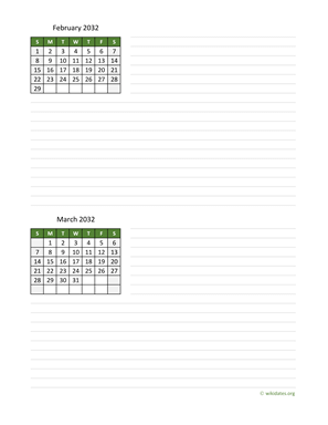February and March 2032 Calendar with Notes
