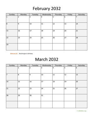 February and March 2032 Calendar Vertical