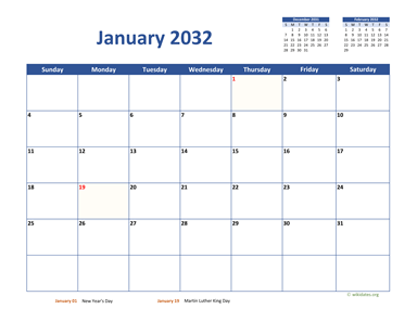 January 2032 Calendar Classic