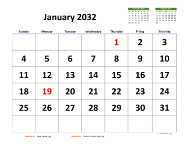 January 2032 Calendar with Extra large Dates WikiDates org