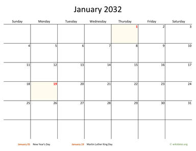 January 2032 Calendar with Bigger boxes