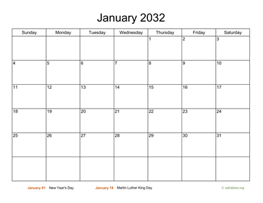 Basic Calendar for January 2032