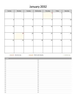 January 2032 Calendar with To-Do List