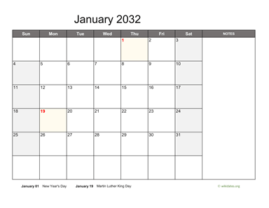 January 2032 Calendar with Notes