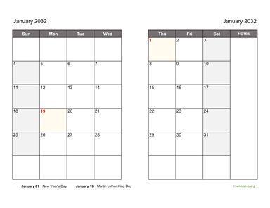 January 2032 Calendar on two pages