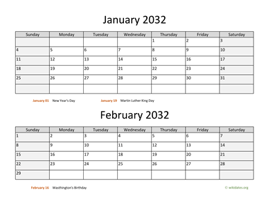 January and February 2032 Calendar Horizontal