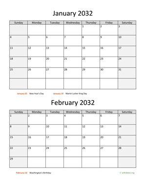 January and February 2032 Calendar Vertical