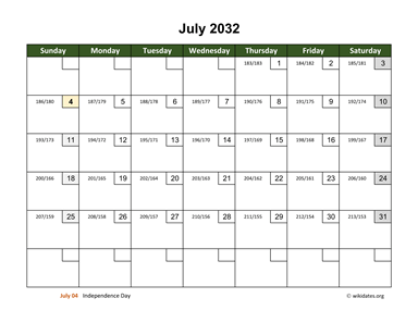 July 2032 Calendar with Day Numbers