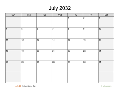 July 2032 Calendar with Weekend Shaded