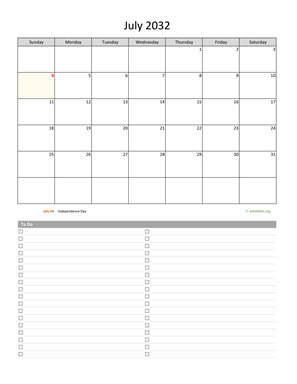 July 2032 Calendar with To-Do List