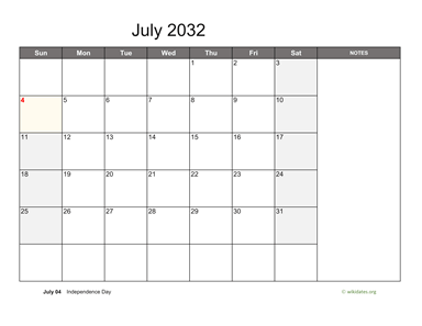 July 2032 Calendar with Notes