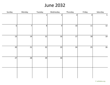 June 2032 Calendar with Bigger boxes