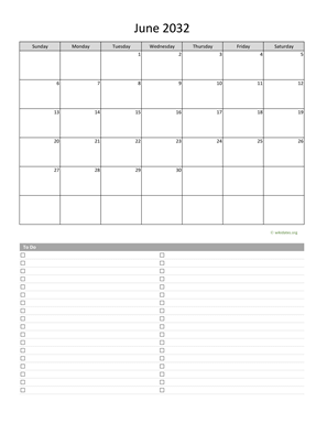 June 2032 Calendar with To-Do List