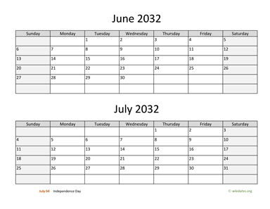 June and July 2032 Calendar Horizontal