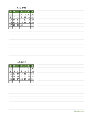 June and July 2032 Calendar with Notes