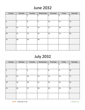 June and July 2032 Calendar Vertical