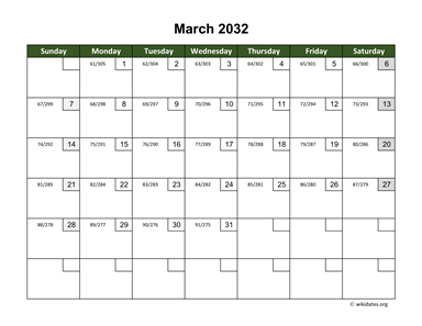 March 2032 Calendar with Day Numbers