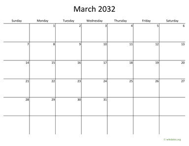 March 2032 Calendar with Bigger boxes